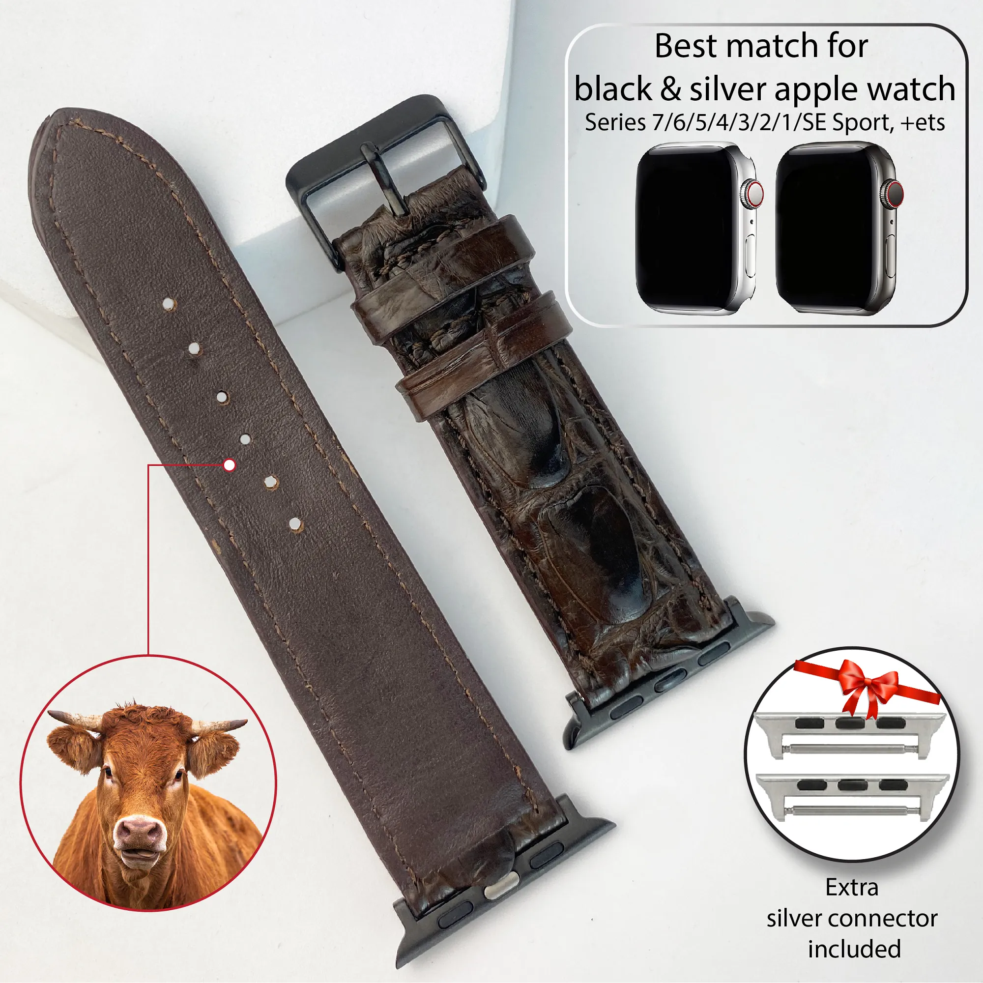 Dark Brown Hornback Alligator Leather Strap for Apple Watch Ultra Series 8 7 6 5 4 3 SE | AW-99
